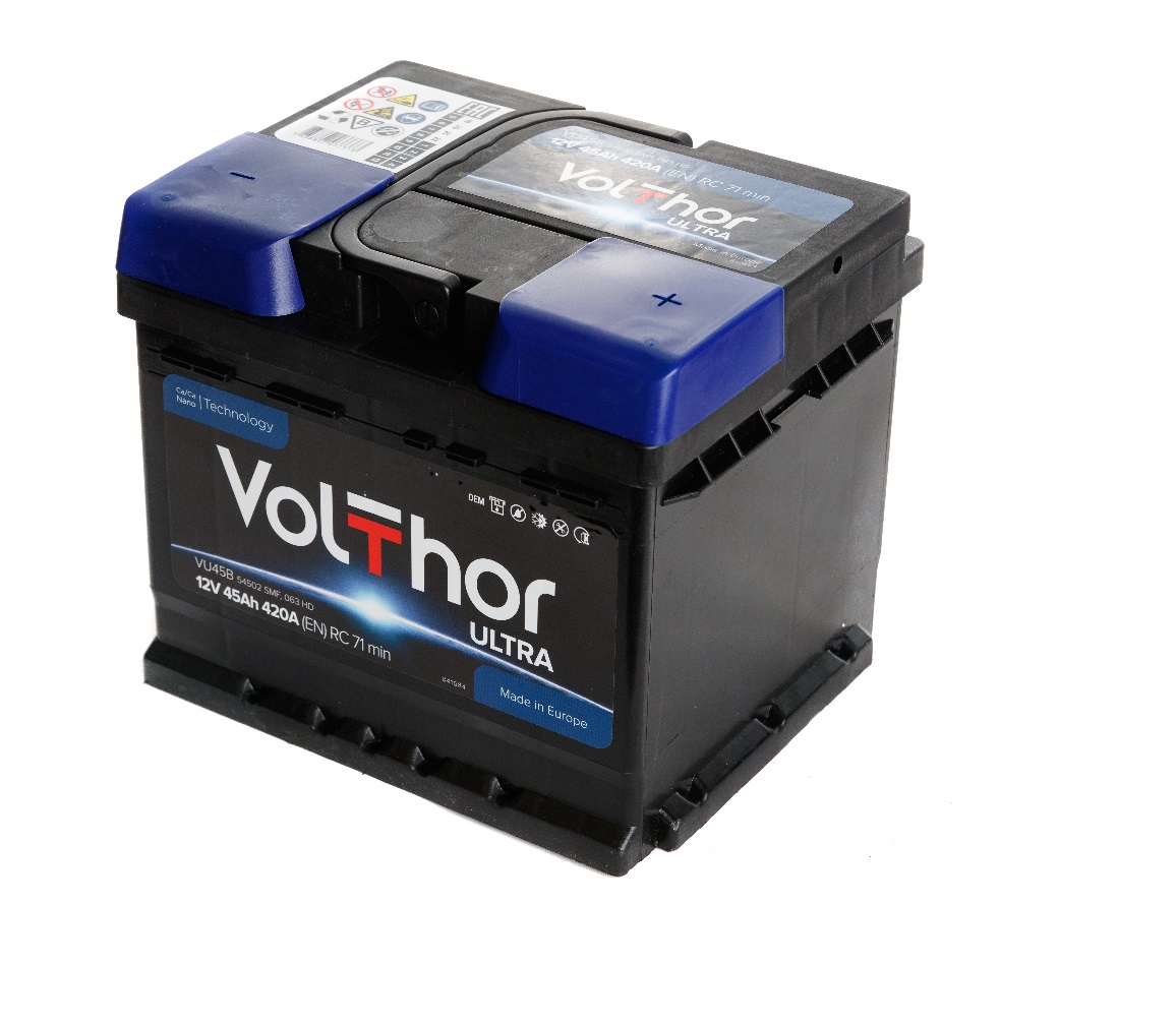 Акумулятор легковий VOLTHOR 6СТ-45(0) ULTRA 12B, 45Ah, 400A, плюс праворуч (R+) кальцієвий (Ca/Ca) 207X175X175мм (301245)